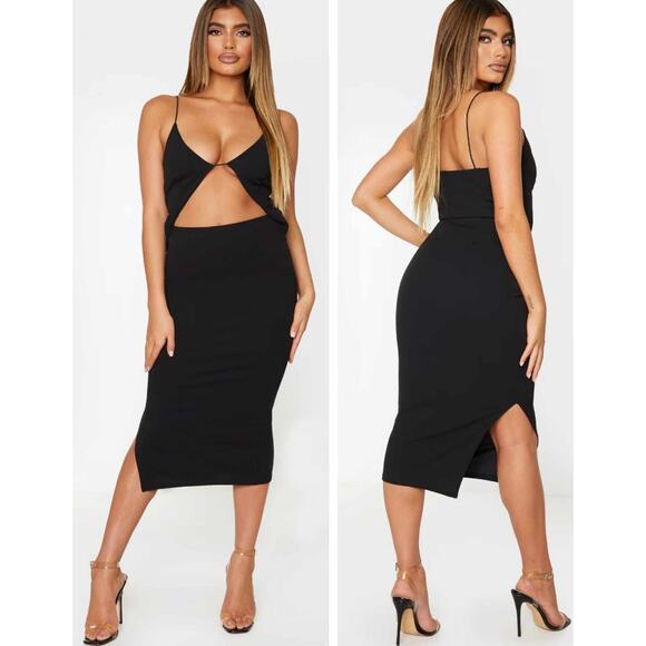 PrettyLittleThing Black Strappy Cut Out Split Hem Midi Dress 6 - Picture 1 of 8
